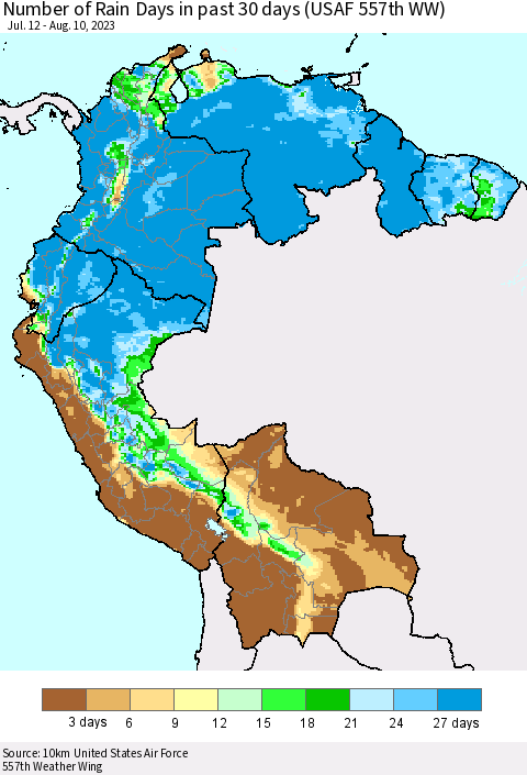 Northern South America Number of Rain Days in past 30 days (USAF 557th WW) 08/10/2023 Thematic Map For 8/6/2023 - 8/10/2023