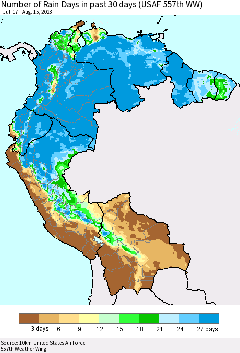 Northern South America Number of Rain Days in past 30 days (USAF 557th WW) 08/15/2023 Thematic Map For 8/11/2023 - 8/15/2023