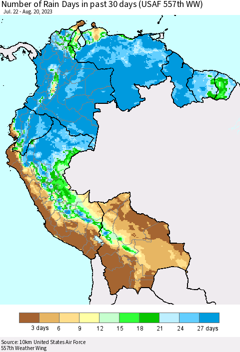 Northern South America Number of Rain Days in past 30 days (USAF 557th WW) 08/20/2023 Thematic Map For 8/16/2023 - 8/20/2023