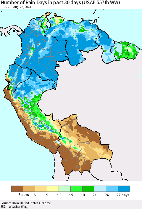 Northern South America Number of Rain Days in past 30 days (USAF 557th WW) 08/25/2023 Thematic Map For 8/21/2023 - 8/25/2023