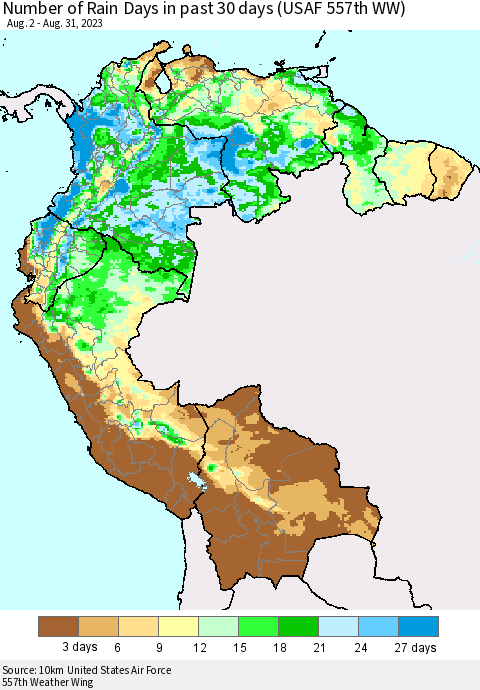 Northern South America Number of Rain Days in past 30 days (USAF 557th WW) 08/31/2023 Thematic Map For 8/26/2023 - 8/31/2023
