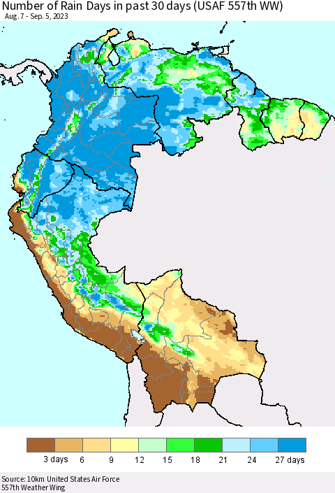 Northern South America Number of Rain Days in past 30 days (USAF 557th WW) 09/05/2023 Thematic Map For 9/1/2023 - 9/5/2023
