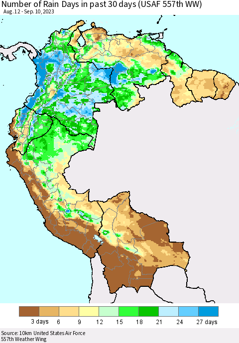 Northern South America Number of Rain Days in past 30 days (USAF 557th WW) 09/10/2023 Thematic Map For 9/6/2023 - 9/10/2023