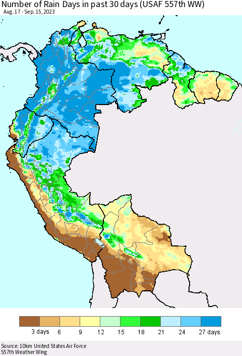 Northern South America Number of Rain Days in past 30 days (USAF 557th WW) 09/15/2023 Thematic Map For 9/11/2023 - 9/15/2023