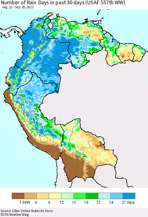 Northern South America Number of Rain Days in past 30 days (USAF 557th WW) 09/20/2023 Thematic Map For 9/16/2023 - 9/20/2023