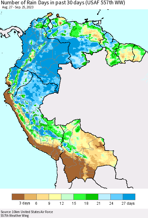 Northern South America Number of Rain Days in past 30 days (USAF 557th WW) 09/25/2023 Thematic Map For 9/21/2023 - 9/25/2023