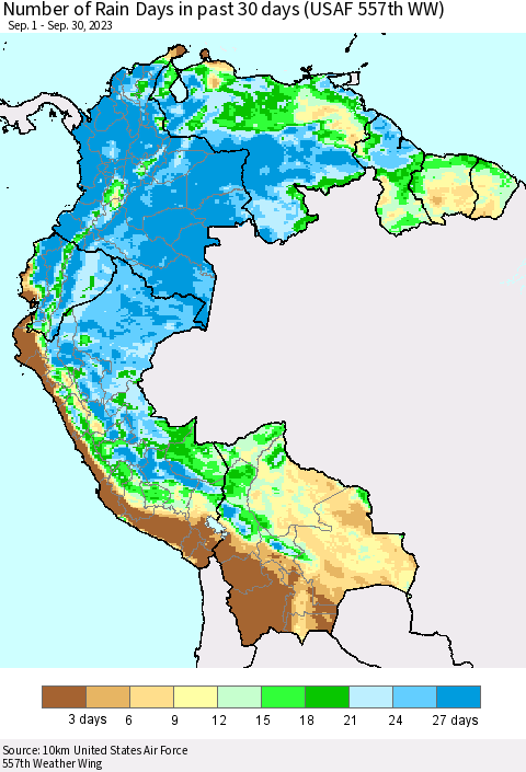 Northern South America Number of Rain Days in past 30 days (USAF 557th WW) 09/30/2023 Thematic Map For 9/26/2023 - 9/30/2023