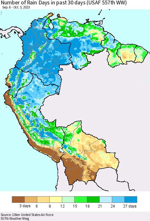 Northern South America Number of Rain Days in past 30 days (USAF 557th WW) 10/05/2023 Thematic Map For 10/1/2023 - 10/5/2023