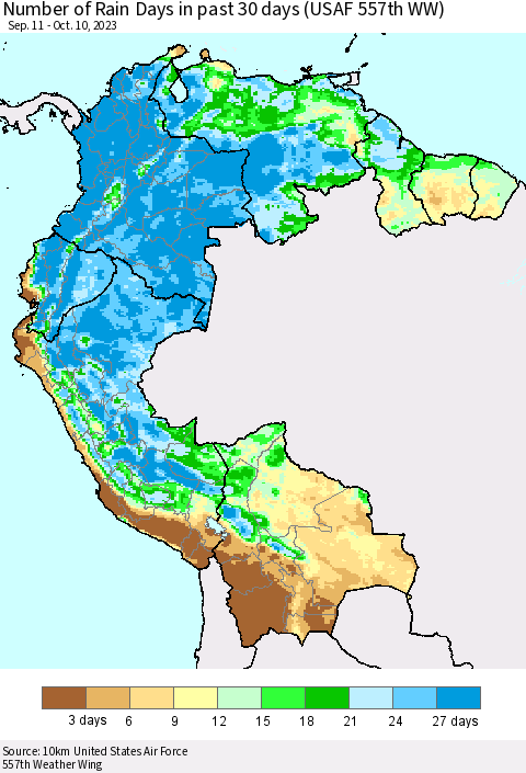 Northern South America Number of Rain Days in past 30 days (USAF 557th WW) 10/10/2023 Thematic Map For 10/6/2023 - 10/10/2023