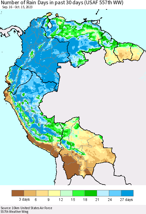 Northern South America Number of Rain Days in past 30 days (USAF 557th WW) 10/15/2023 Thematic Map For 10/11/2023 - 10/15/2023