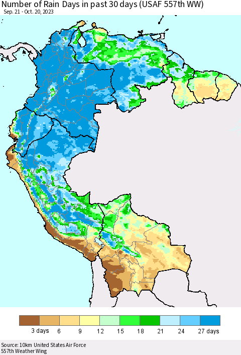 Northern South America Number of Rain Days in past 30 days (USAF 557th WW) 10/20/2023 Thematic Map For 10/16/2023 - 10/20/2023