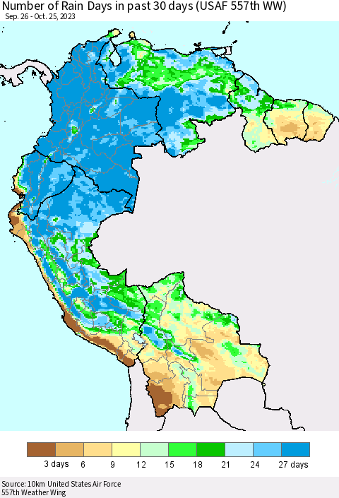 Northern South America Number of Rain Days in past 30 days (USAF 557th WW) 10/25/2023 Thematic Map For 10/21/2023 - 10/25/2023