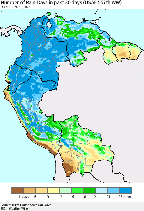 Northern South America Number of Rain Days in past 30 days (USAF 557th WW) 10/31/2023 Thematic Map For 10/26/2023 - 10/31/2023