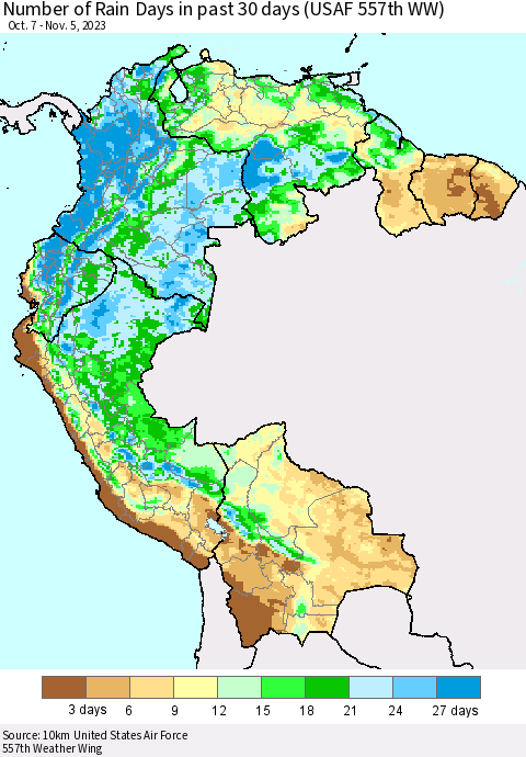 Northern South America Number of Rain Days in past 30 days (USAF 557th WW) 11/05/2023 Thematic Map For 11/1/2023 - 11/5/2023