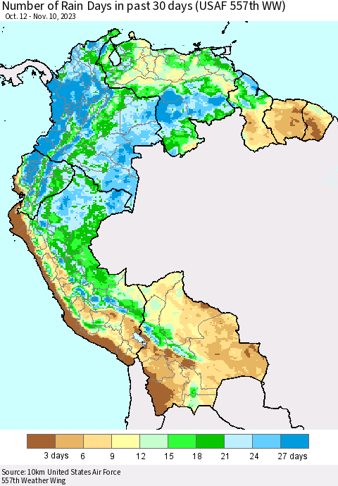 Northern South America Number of Rain Days in past 30 days (USAF 557th WW) 11/10/2023 Thematic Map For 11/6/2023 - 11/10/2023
