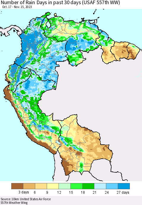 Northern South America Number of Rain Days in past 30 days (USAF 557th WW) 11/15/2023 Thematic Map For 11/11/2023 - 11/15/2023
