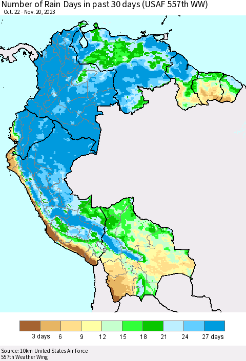 Northern South America Number of Rain Days in past 30 days (USAF 557th WW) 11/20/2023 Thematic Map For 11/16/2023 - 11/20/2023
