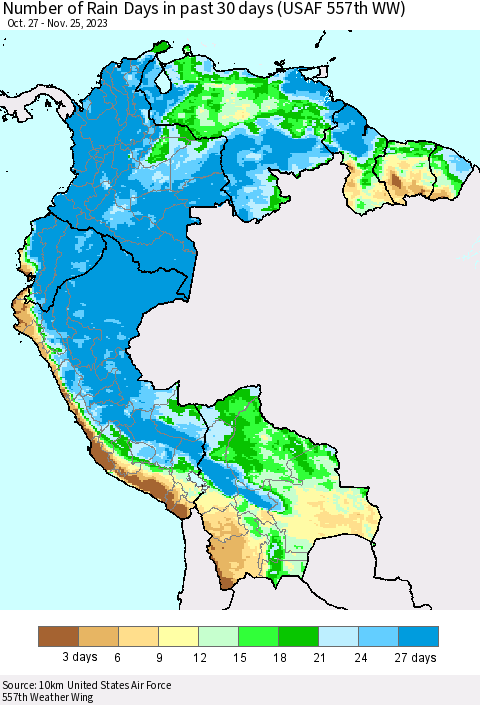 Northern South America Number of Rain Days in past 30 days (USAF 557th WW) 11/25/2023 Thematic Map For 11/21/2023 - 11/25/2023