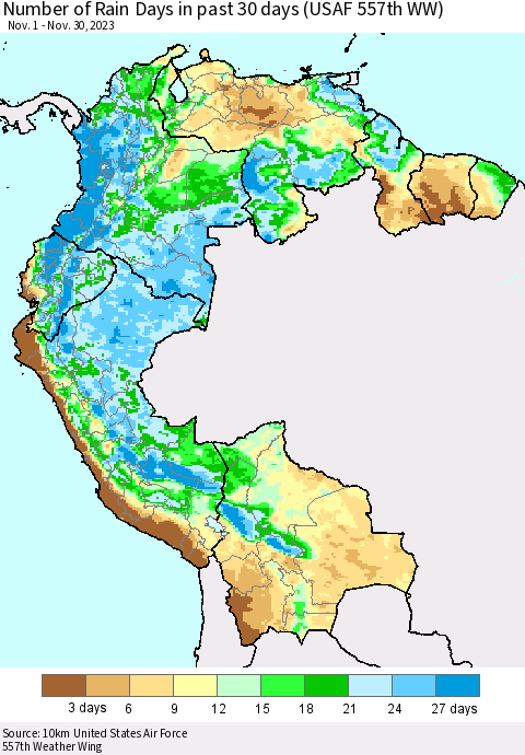 Northern South America Number of Rain Days in past 30 days (USAF 557th WW) 11/30/2023 Thematic Map For 11/26/2023 - 11/30/2023