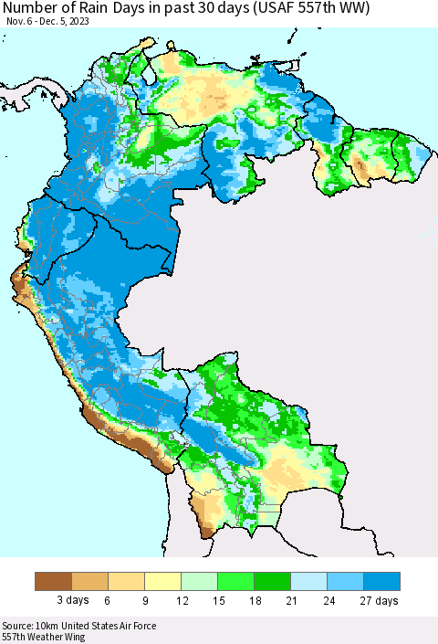 Northern South America Number of Rain Days in past 30 days (USAF 557th WW) 12/05/2023 Thematic Map For 12/1/2023 - 12/5/2023