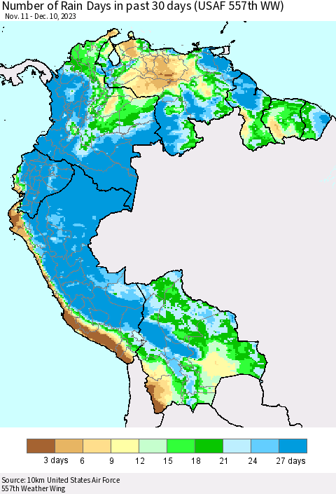 Northern South America Number of Rain Days in past 30 days (USAF 557th WW) 12/10/2023 Thematic Map For 12/6/2023 - 12/10/2023