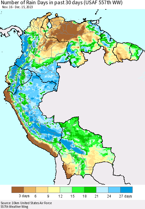 Northern South America Number of Rain Days in past 30 days (USAF 557th WW) 12/15/2023 Thematic Map For 12/11/2023 - 12/15/2023