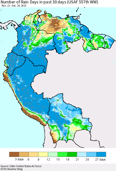 Northern South America Number of Rain Days in past 30 days (USAF 557th WW) 12/20/2023 Thematic Map For 12/16/2023 - 12/20/2023