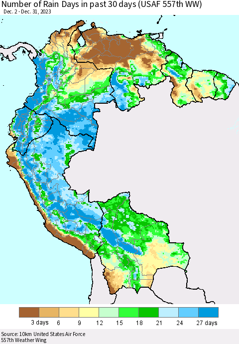 Northern South America Number of Rain Days in past 30 days (USAF 557th WW) 12/31/2023 Thematic Map For 12/26/2023 - 12/31/2023