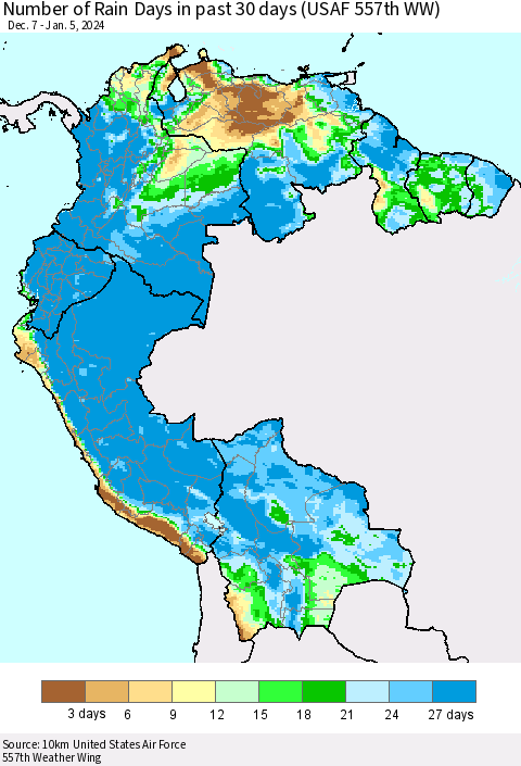 Northern South America Number of Rain Days in past 30 days (USAF 557th WW) 01/05/2024 Thematic Map For 1/1/2024 - 1/5/2024