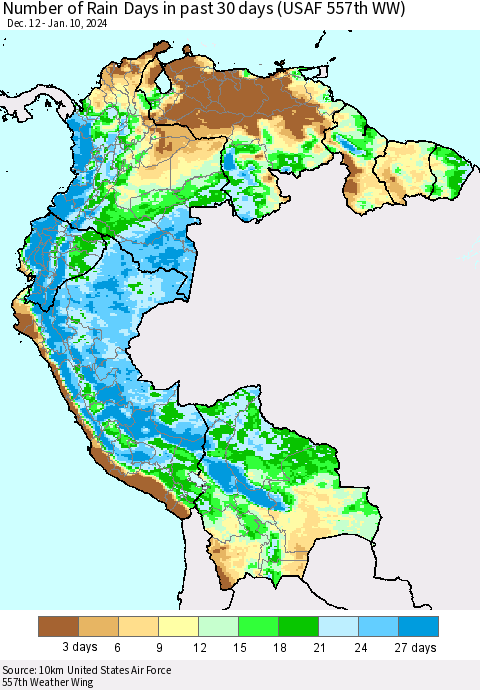 Northern South America Number of Rain Days in past 30 days (USAF 557th WW) 01/10/2024 Thematic Map For 1/6/2024 - 1/10/2024