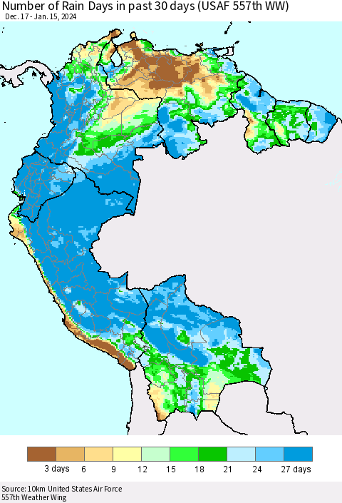 Northern South America Number of Rain Days in past 30 days (USAF 557th WW) 01/15/2024 Thematic Map For 1/11/2024 - 1/15/2024