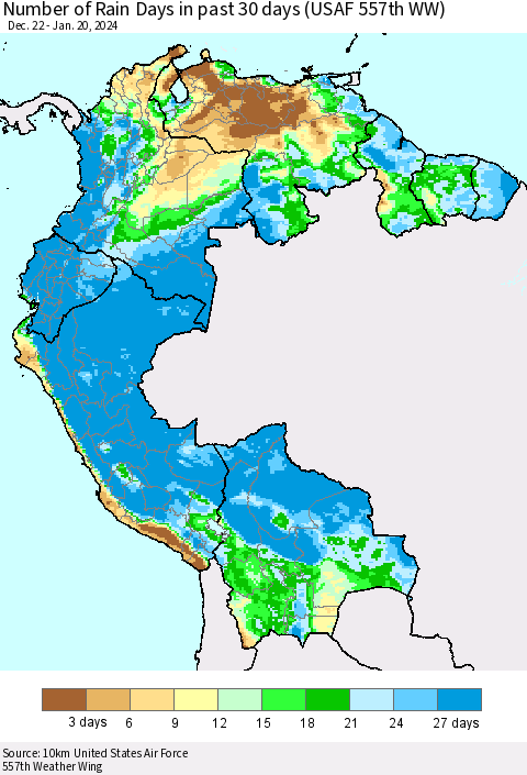 Northern South America Number of Rain Days in past 30 days (USAF 557th WW) 01/20/2024 Thematic Map For 1/16/2024 - 1/20/2024