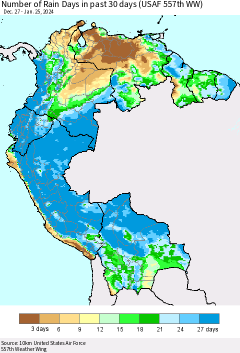 Northern South America Number of Rain Days in past 30 days (USAF 557th WW) 01/25/2024 Thematic Map For 1/21/2024 - 1/25/2024