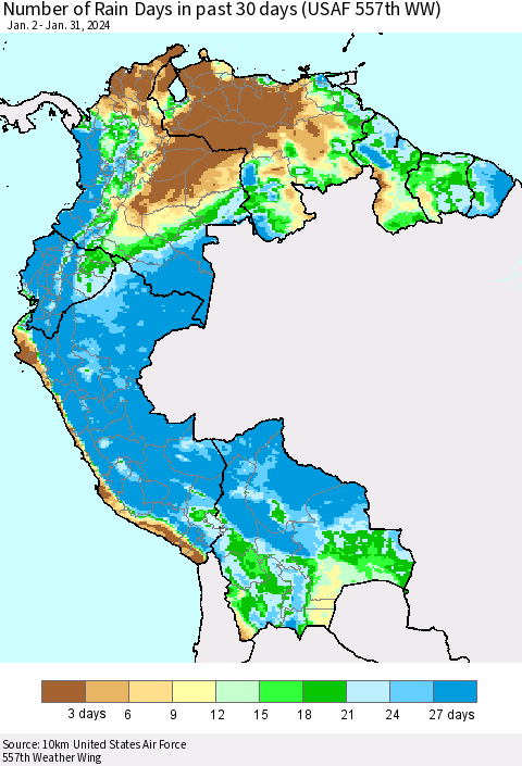 Northern South America Number of Rain Days in past 30 days (USAF 557th WW) 01/31/2024 Thematic Map For 1/26/2024 - 1/31/2024