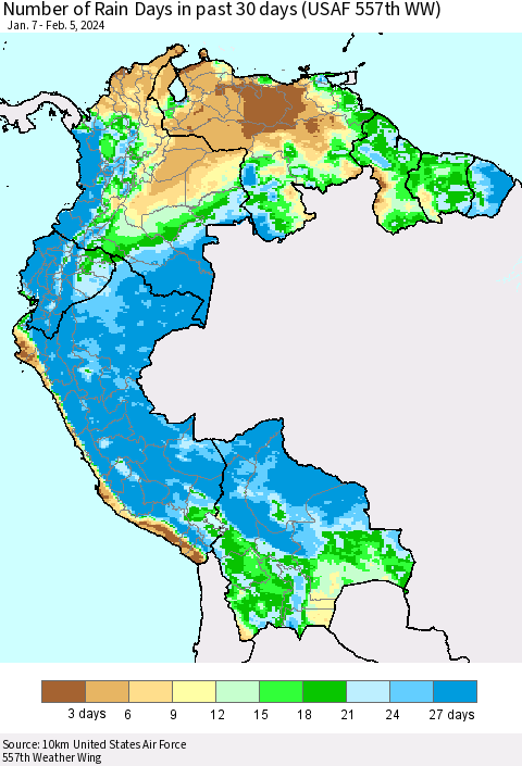 Northern South America Number of Rain Days in past 30 days (USAF 557th WW) 02/05/2024 Thematic Map For 2/1/2024 - 2/5/2024