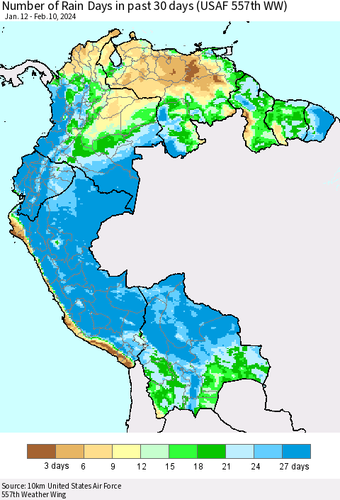 Northern South America Number of Rain Days in past 30 days (USAF 557th WW) 02/10/2024 Thematic Map For 2/6/2024 - 2/10/2024