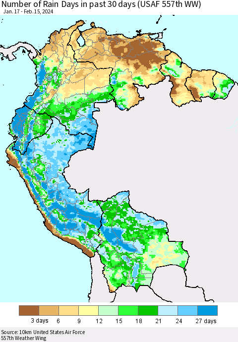 Northern South America Number of Rain Days in past 30 days (USAF 557th WW) 02/15/2024 Thematic Map For 2/11/2024 - 2/15/2024