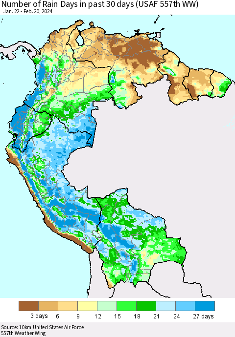 Northern South America Number of Rain Days in past 30 days (USAF 557th WW) 02/20/2024 Thematic Map For 2/16/2024 - 2/20/2024