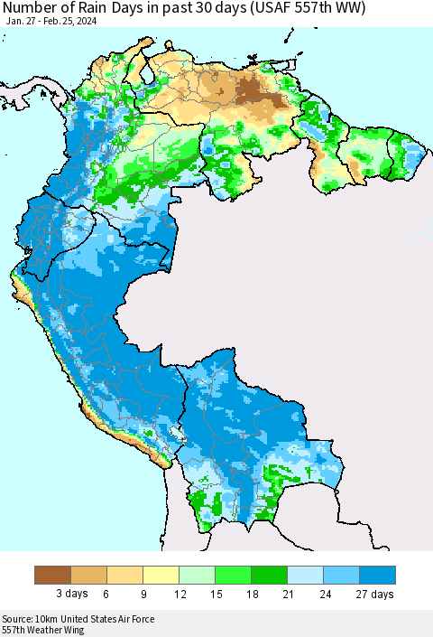 Northern South America Number of Rain Days in past 30 days (USAF 557th WW) 02/25/2024 Thematic Map For 2/21/2024 - 2/25/2024