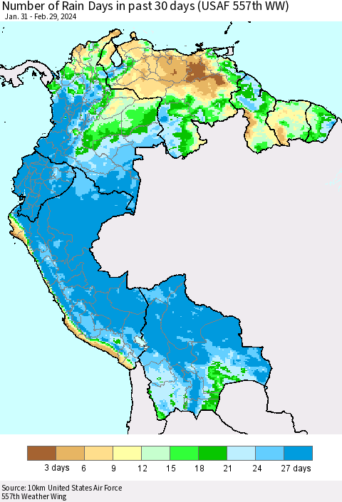 Northern South America Number of Rain Days in past 30 days (USAF 557th WW) 02/29/2024 Thematic Map For 2/26/2024 - 2/29/2024