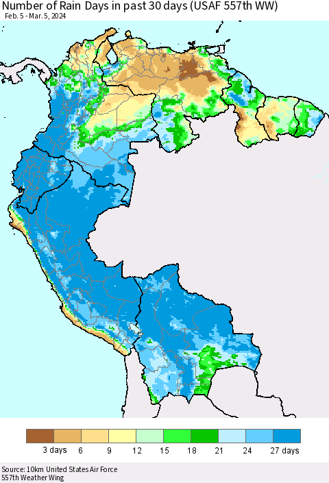 Northern South America Number of Rain Days in past 30 days (USAF 557th WW) 03/05/2024 Thematic Map For 3/1/2024 - 3/5/2024
