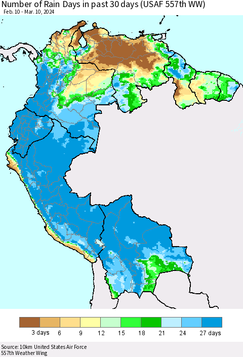 Northern South America Number of Rain Days in past 30 days (USAF 557th WW) 03/10/2024 Thematic Map For 3/6/2024 - 3/10/2024