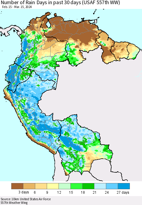 Northern South America Number of Rain Days in past 30 days (USAF 557th WW) 03/15/2024 Thematic Map For 3/11/2024 - 3/15/2024