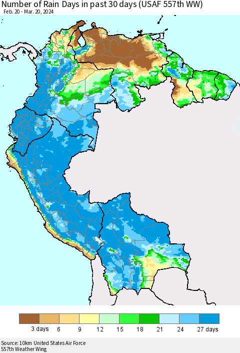 Northern South America Number of Rain Days in past 30 days (USAF 557th WW) 03/20/2024 Thematic Map For 3/16/2024 - 3/20/2024