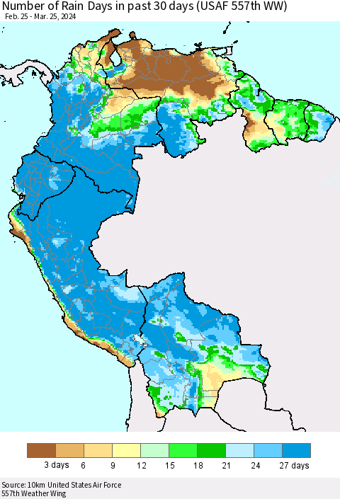 Northern South America Number of Rain Days in past 30 days (USAF 557th WW) 03/25/2024 Thematic Map For 3/21/2024 - 3/25/2024