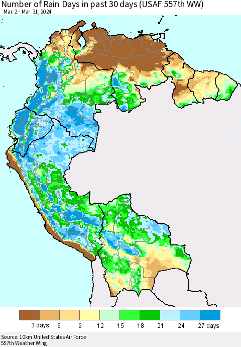 Northern South America Number of Rain Days in past 30 days (USAF 557th WW) 03/31/2024 Thematic Map For 3/26/2024 - 3/31/2024