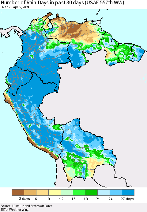 Northern South America Number of Rain Days in past 30 days (USAF 557th WW) 04/05/2024 Thematic Map For 4/1/2024 - 4/5/2024