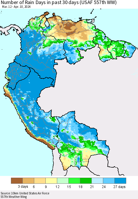 Northern South America Number of Rain Days in past 30 days (USAF 557th WW) 04/10/2024 Thematic Map For 4/6/2024 - 4/10/2024