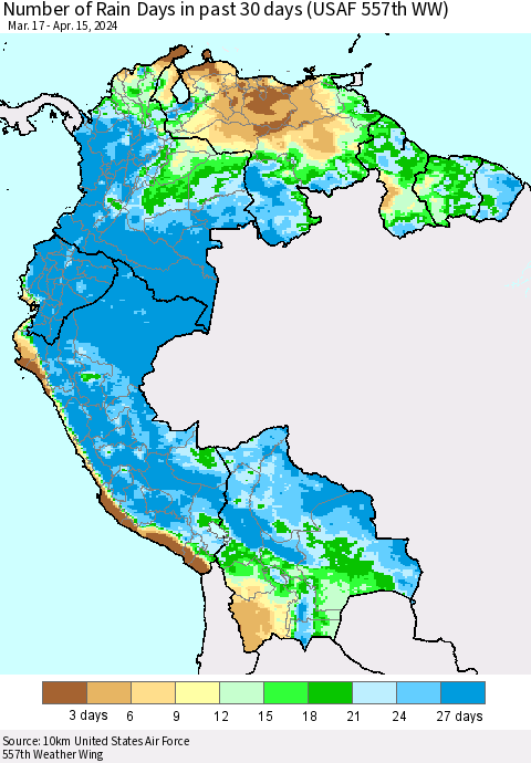 Northern South America Number of Rain Days in past 30 days (USAF 557th WW) 04/15/2024 Thematic Map For 4/11/2024 - 4/15/2024