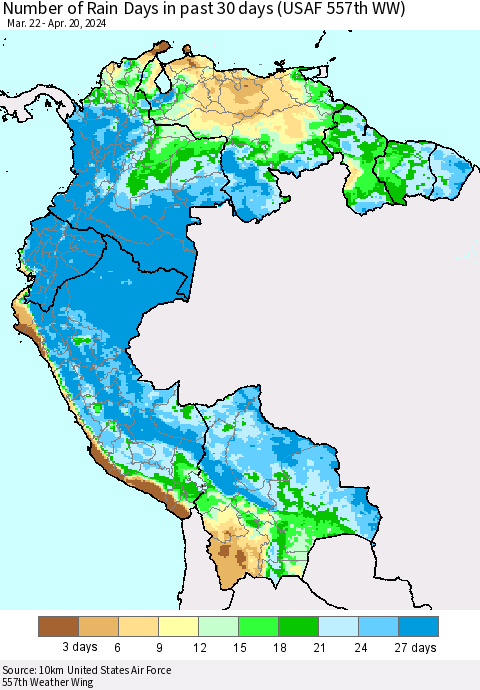 Northern South America Number of Rain Days in past 30 days (USAF 557th WW) 04/20/2024 Thematic Map For 4/16/2024 - 4/20/2024